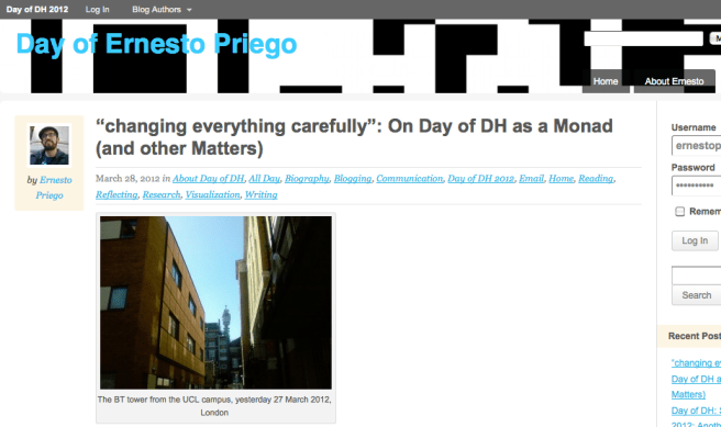 Screen shot of my Day of DH 2012 blog, including customised banner, About Page, etc. 