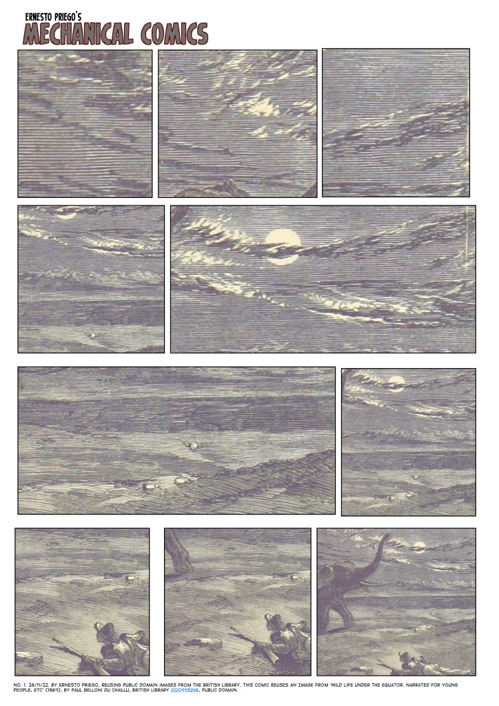 A comic book page of ten panels, first showing a sequence of sky, clouds, se and sand, then gradually moving downward to show in the last three panels a human figure on the ground with a rifle, then an animal leg, then an elephant is revealed in the whole scene. The notion of "the elephant in the room" inspired this comic. 