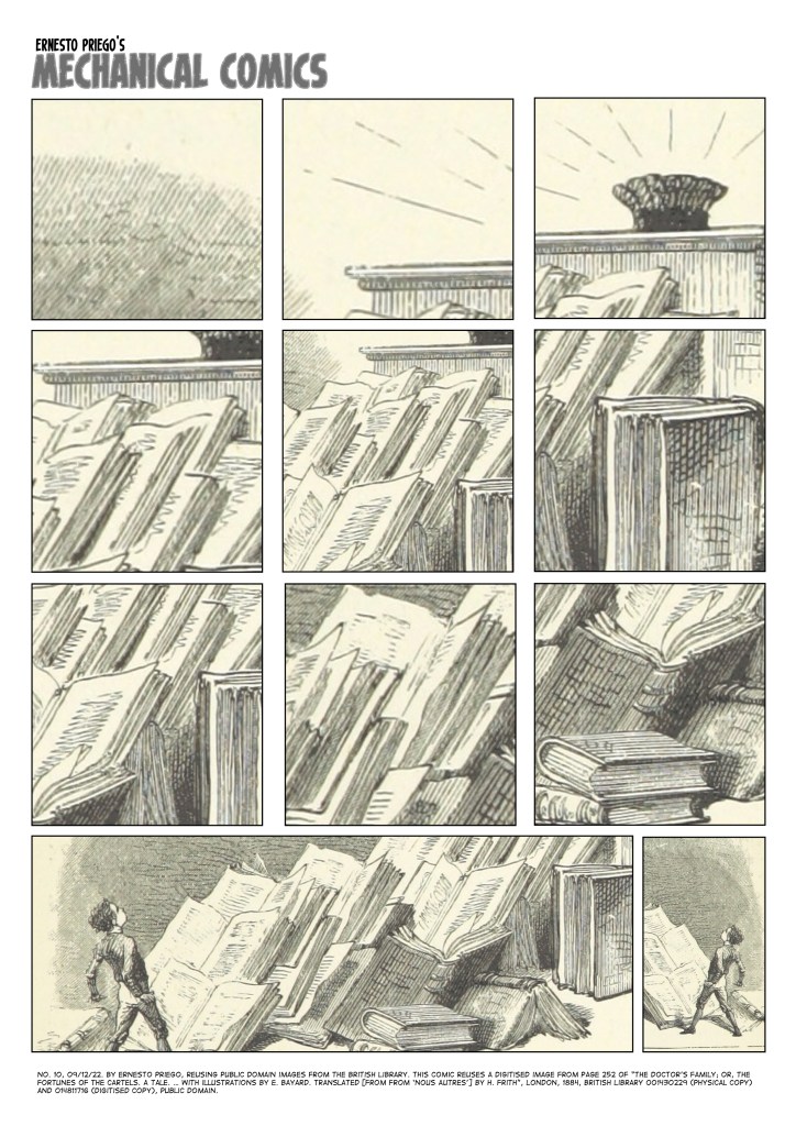 One-page comic of 11 panels. A book, a graduation cap, books, books, giant books, a pile of books, a giant piile of books, a young person amazed at the height of the pile of books etc. 