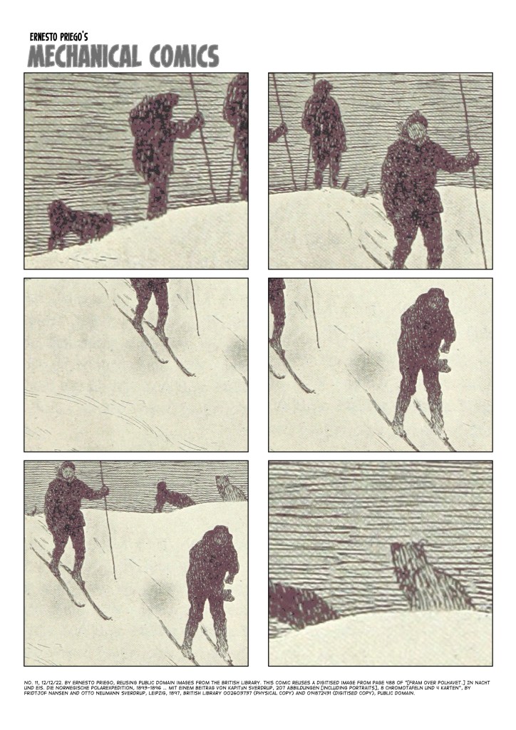 One- page comic; 6 panels, two per row. Skiers, dogs, skiers going down a snowy slope, dog looks on. 