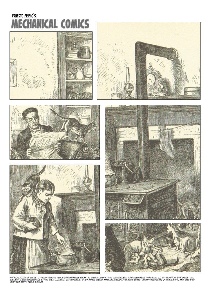 One-page comic of six panels of different sizes. A wall, a larder, stove pipe, man reading a paper, cat, stove and pipe, woman cooking with cat on shoulders holding a kitten, cats.