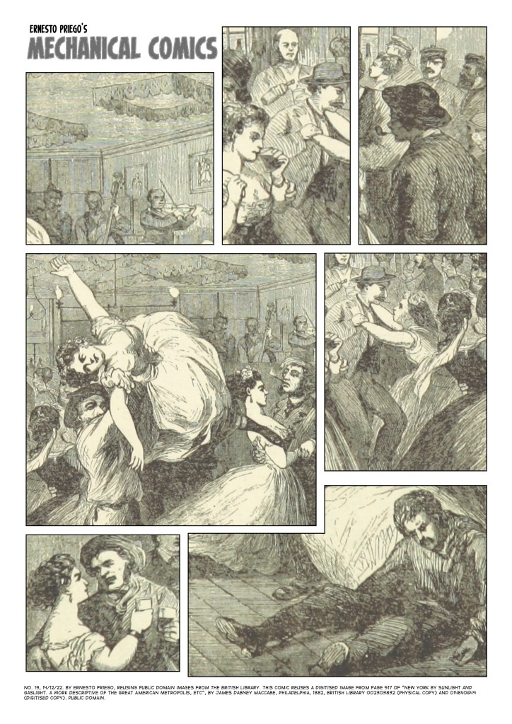 One-page comic, 7 panels. Three on the first row, then two, then two. Three musicians with string instruments, ceiling, frames, people drinking, dancing, watching, big panel with man holding woman in the air, another couple dancing, two more couples dancing, a couple chatting and drinking, a man on the floor. 