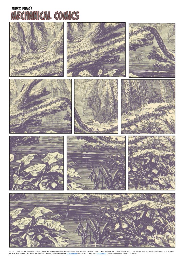 One-page comic of 10 panels. Three rows of three panels, one final row with a larger single panel. We follow a "march of Bashikouay ants" over a tree branch and over a river, then focus on the vegetation by the river. 