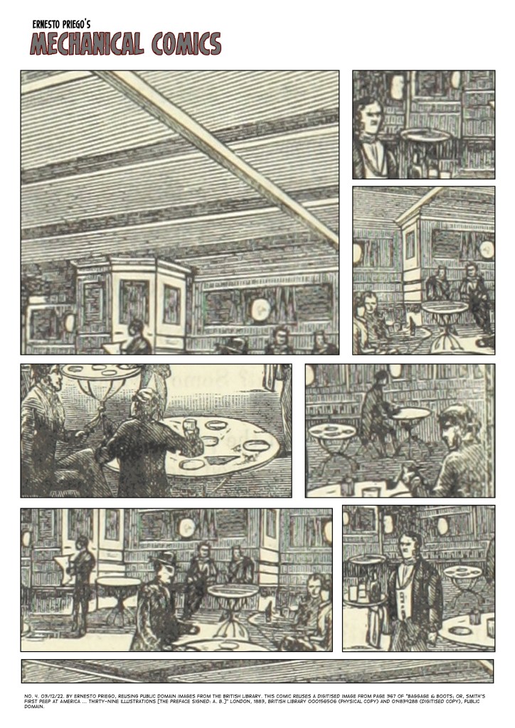 A one-page comic, with 9 panels. A dining room ("smoking room"), people sitting, drinking, a waiter, a detail of the ceiling. 