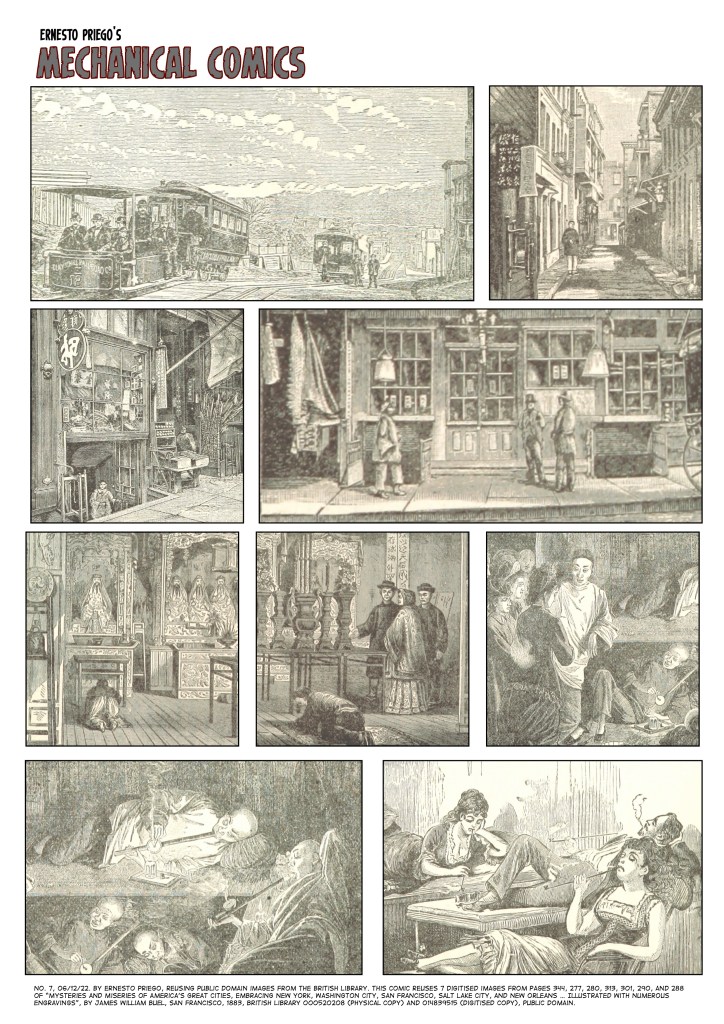 One-page comic, 9 panels. Rows: two, two, three, two. Cable cars, a Chinatown alley, a Chinatown shop from outside, a Chinatown restaurant from outside, interior with person cleaning floor, interior with two people showing someone inside, another cleaning the floor, women entering a smoking den, men lying down smoking, two women and a man smoking. 