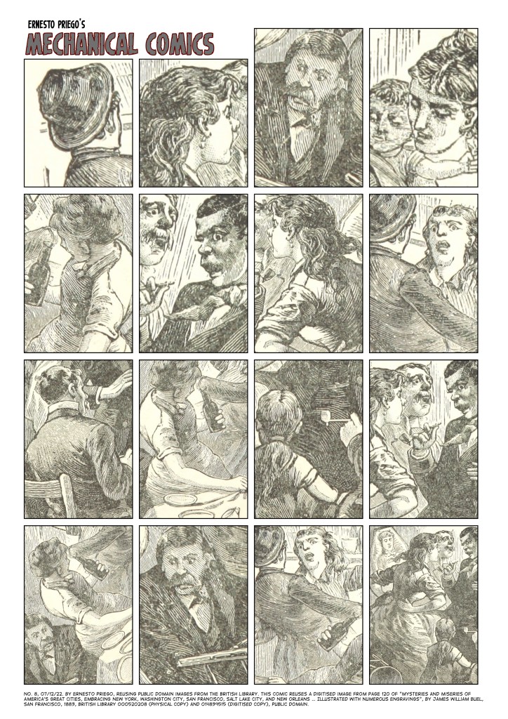 One-page comic of 16 panels. An agitated social event, women and men, a child, that reveals itself to be a a wake in the final panel. 