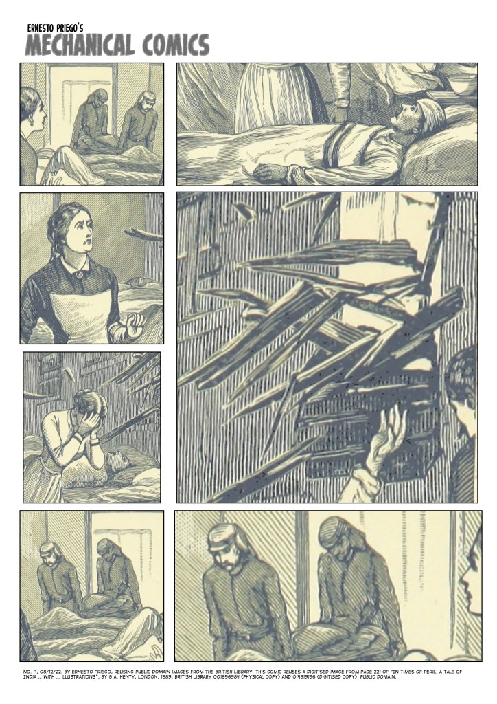 A one-page comic of 7 panels. Two nurses bring in a patient, a patient, a startled woman, a woman with her hands on her face, an explosion in the window- a shot? a bomb? More nurses bring in wounded. 