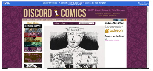 Figure 1: Archive capture of Discord Comics by Tab Kimpton. Retrieved from https://www.webarchive.org.uk/wayback/
archive/20171001081918/ http://www.discordcomics.com/ (archive capture from https://www.discordcomics.com/). The figure demonstrates the features of an archived page: comic title, date captured, calendar of captures, language.