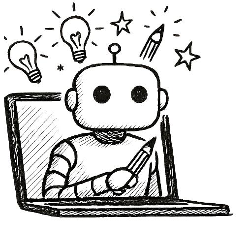 Comics & AI robot emerging with idea icons from a laptop screen. Yes, created with Gen AI from an original sketch and extensive prompting from me. It's not ironic. For better or worse, one cannot fully critique what one has not fully experienced first hand... I'd say. If you care about these things you surely are reading this alt-text, right?