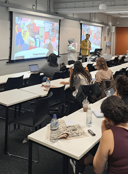 Elisabetta Lando and Simon Abbott (standing) talk to INM317 Design Justice students