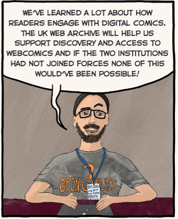 Panel depicting Ernesto Priego as a comic book charcter, taken from: Ernesto Priego, Linda Berube, Francisco de la Mora, Ian Cooke, Stephann Makri, and Stella Wisdom. 2023. UK Digital Comics: Challenges and Opportunities of a Collaborative Doctoral Partnership. A Co-designed Comic Poster [Poster]. DOI: https://doi.org/10.6084/m9.figshare.22717675.v2