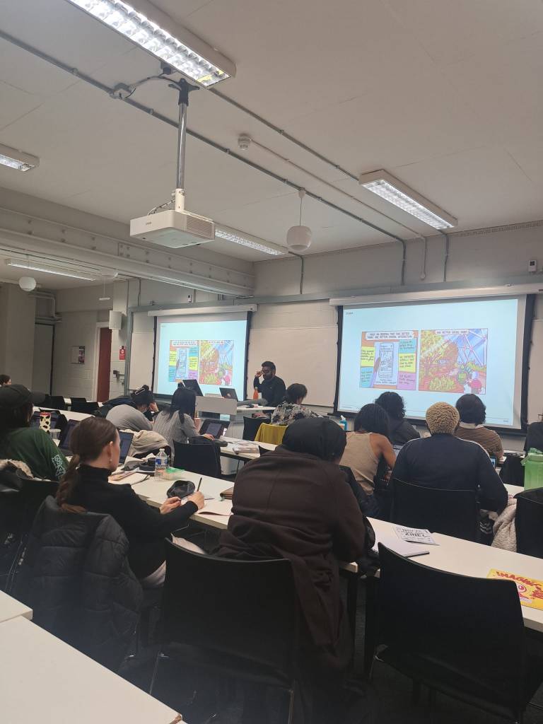 Futures Designer Viarj Joshi talks to Design Justice students at City St George's, University of London